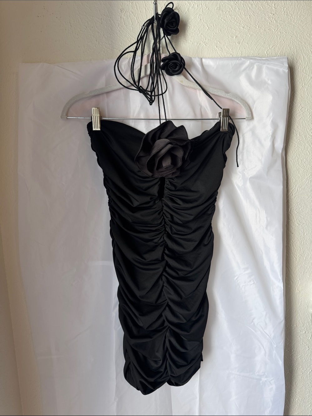 Strapless Black Ruched Dress with Floral Accent